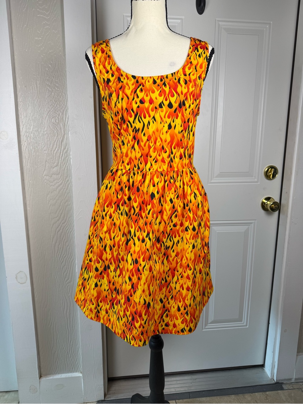 Flame-Print Sleeveless Fit & Flare Mini Dress - Yellow/Orange